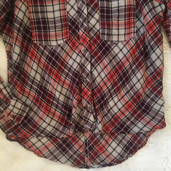 Free People Stitch Detail Plaid Red Purple Flannel Button Up - Picture 4 of 8